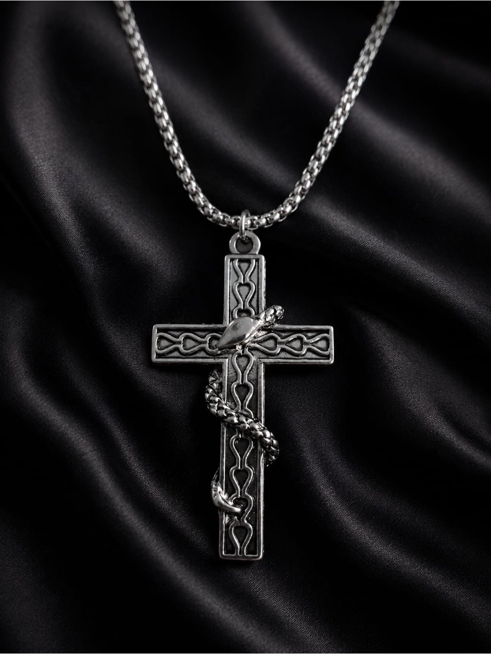 Men's Silver Snake-Wrapped Cross Pendant Necklace